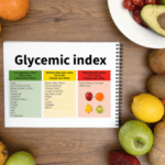 Tableau de l'indice glycémique entouré de divers fruits et légumes.
