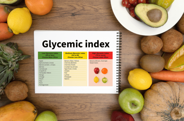 Tableau de l'indice glycémique entouré de divers fruits et légumes.